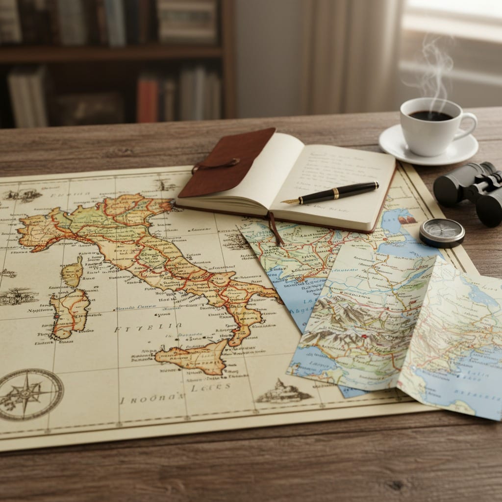 Una mappa antica dell'Italia è aperta su una scrivania in legno insieme a un taccuino di pelle, una penna stilografica, un binocolo, una bussola e una tazza fumante.
